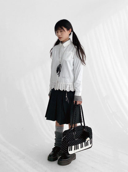 innomoood Ruffle Embroidered Collared Straight Long Sleeve Women&