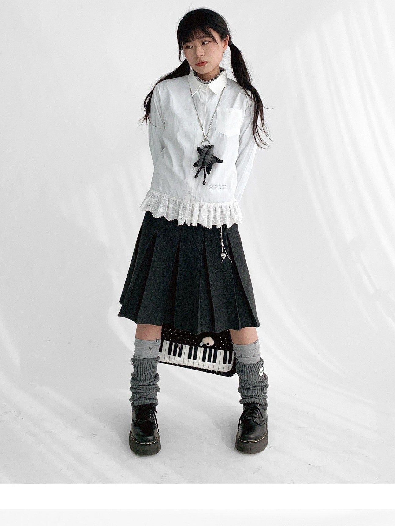 innomoood Ruffle Embroidered Collared Straight Long Sleeve Women&