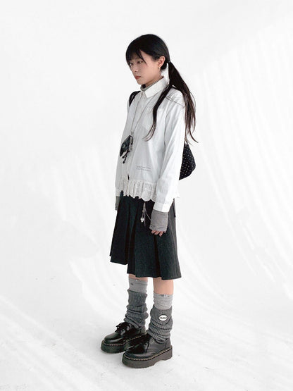 innomoood Ruffle Embroidered Collared Straight Long Sleeve Women&