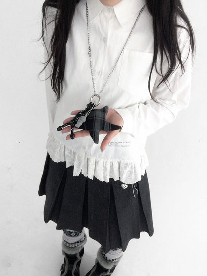 innomoood Ruffle Embroidered Collared Straight Long Sleeve Women&