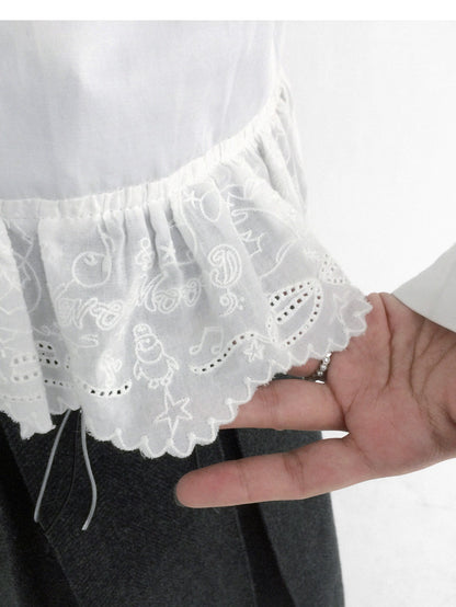 innomoood Ruffle Embroidered Collared Straight Long Sleeve Women&