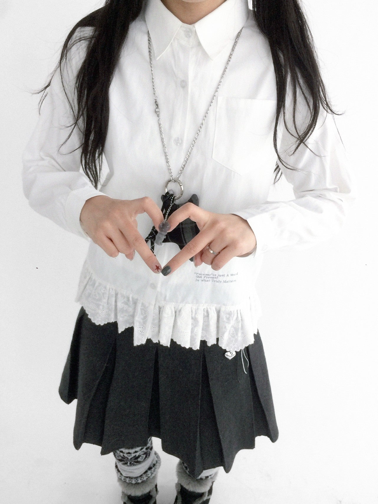 innomoood Ruffle Embroidered Collared Straight Long Sleeve Women&