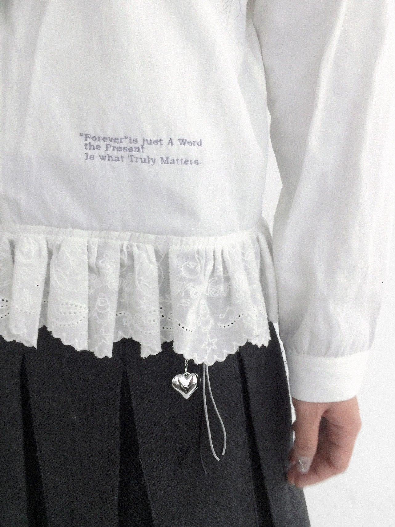 innomoood Ruffle Embroidered Collared Straight Long Sleeve Women&