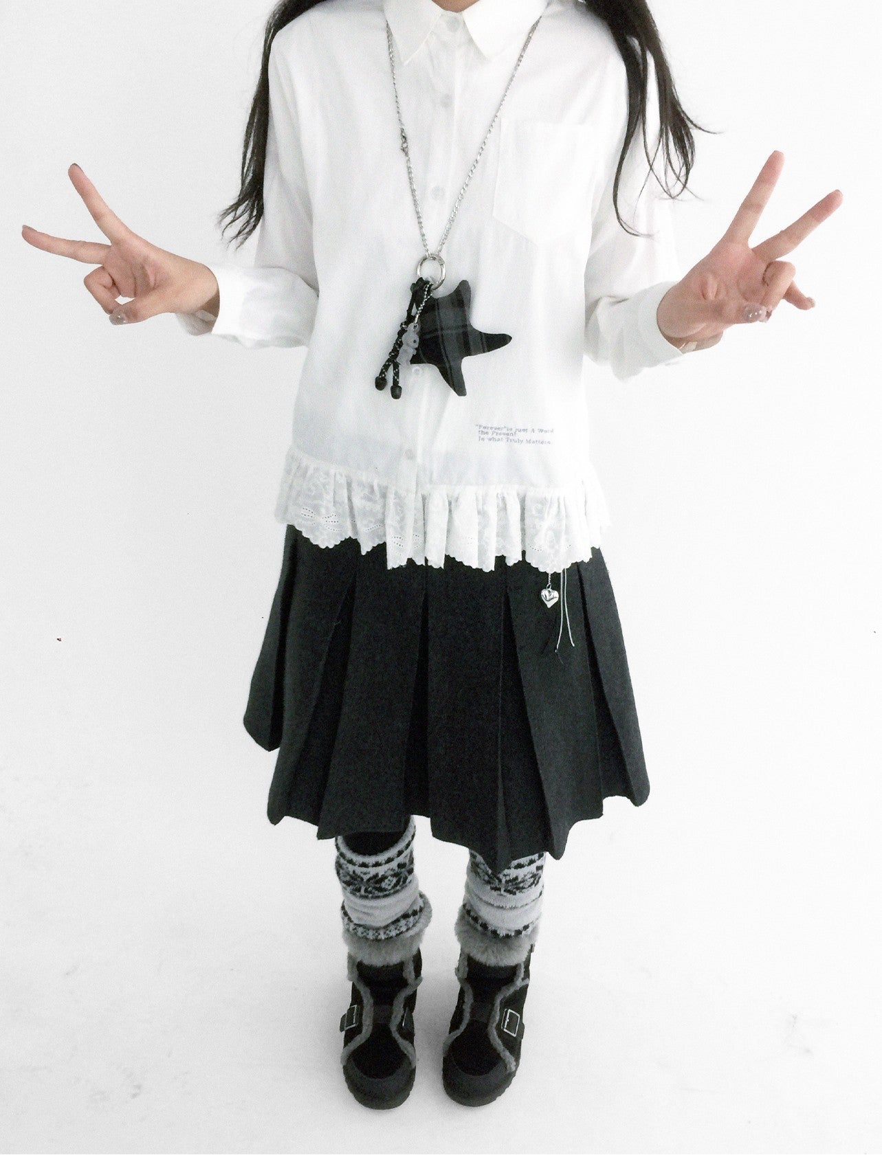 innomoood Ruffle Embroidered Collared Straight Long Sleeve Women&