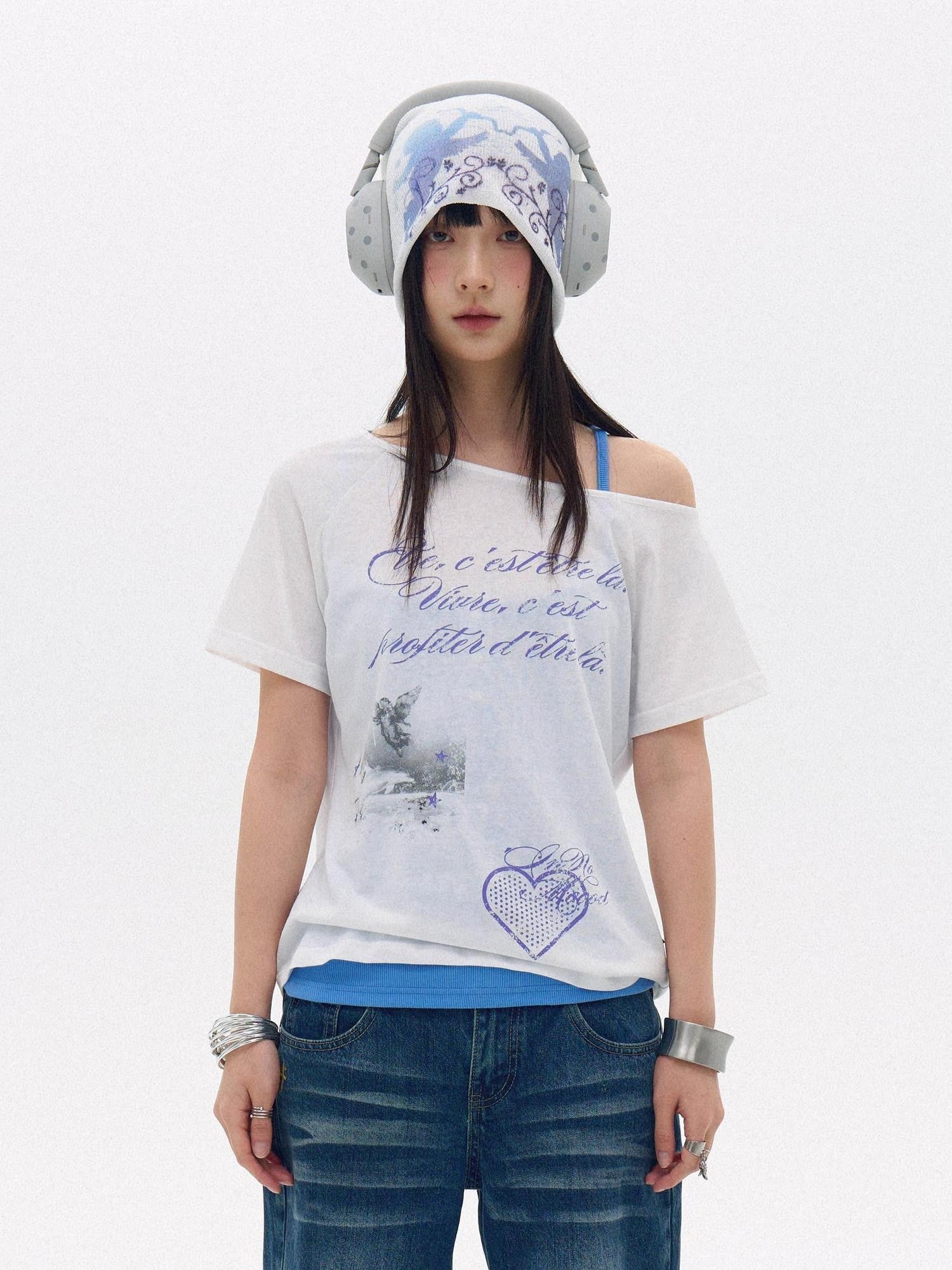 innomoood Sheer Printed One Shoulder Heart Letter Relaxed Women&