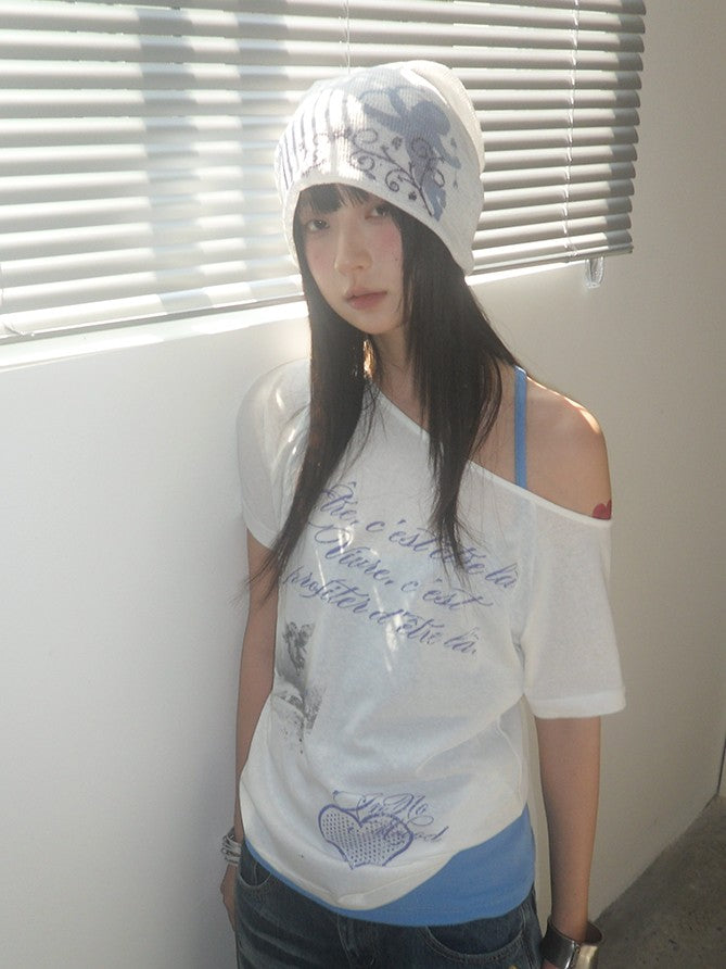 innomoood Sheer Printed One Shoulder Heart Letter Relaxed Women&