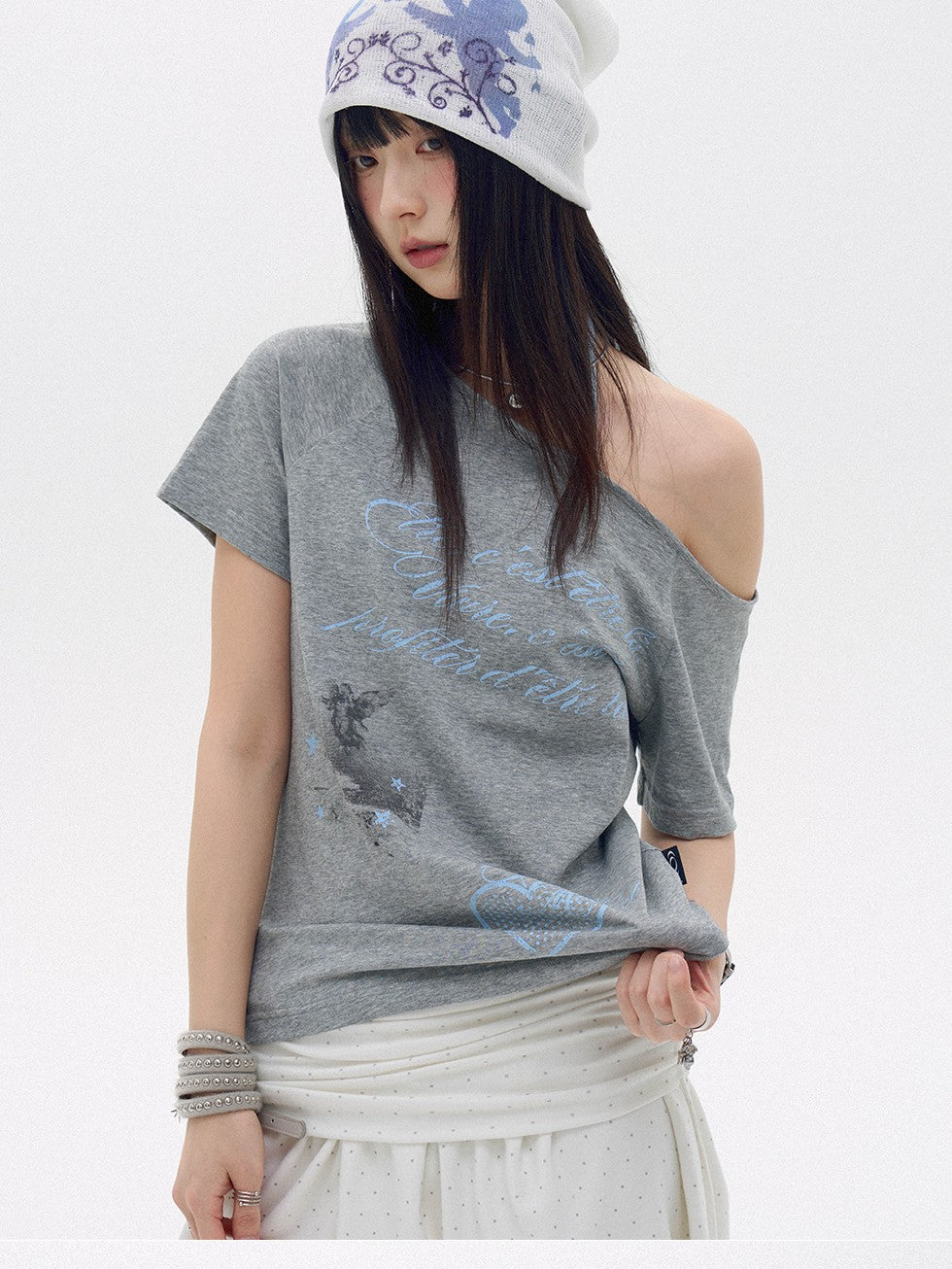 innomoood Sheer Printed One Shoulder Heart Letter Relaxed Women&