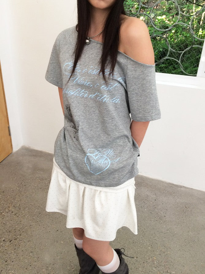 innomoood Sheer Printed One Shoulder Heart Letter Relaxed Women&