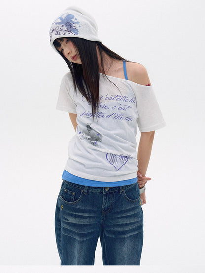 innomoood Sheer Printed One Shoulder Heart Letter Relaxed Women&