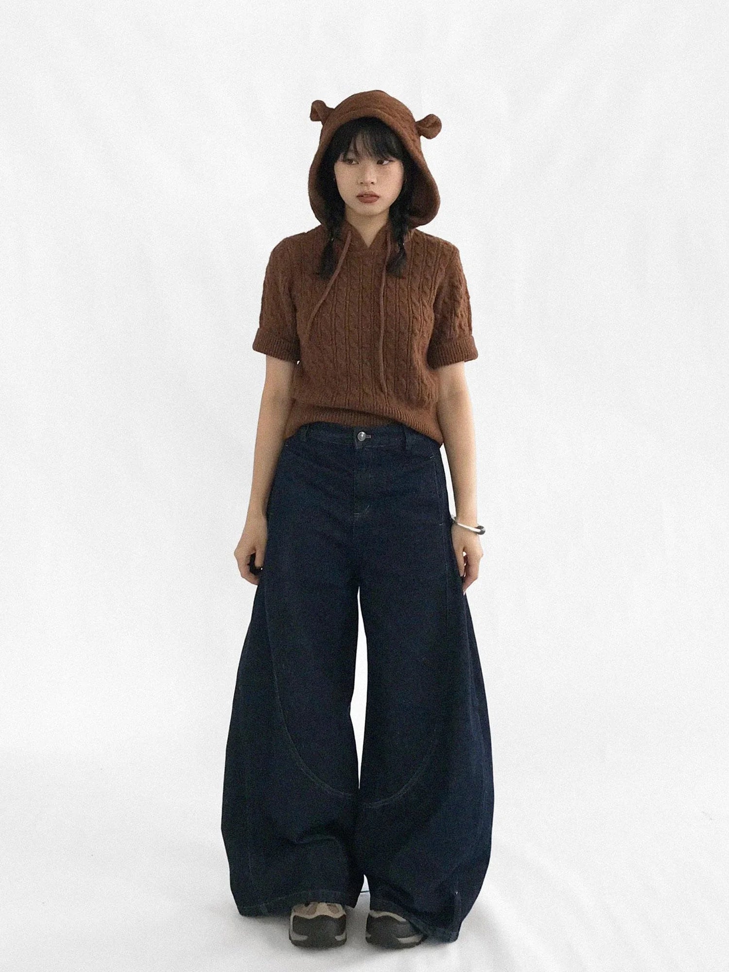 Short Sleeve Wool Sweater With Detachable Long Sleeve Cuffs