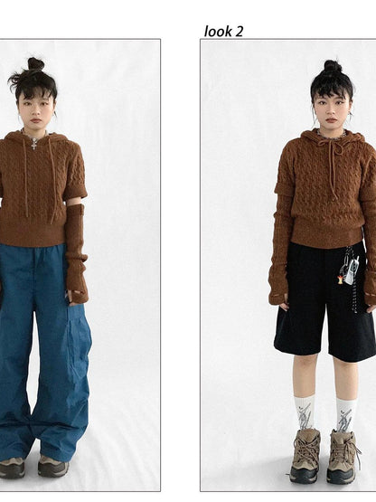 Short Sleeve Wool Sweater With Detachable Long Sleeve Cuffs