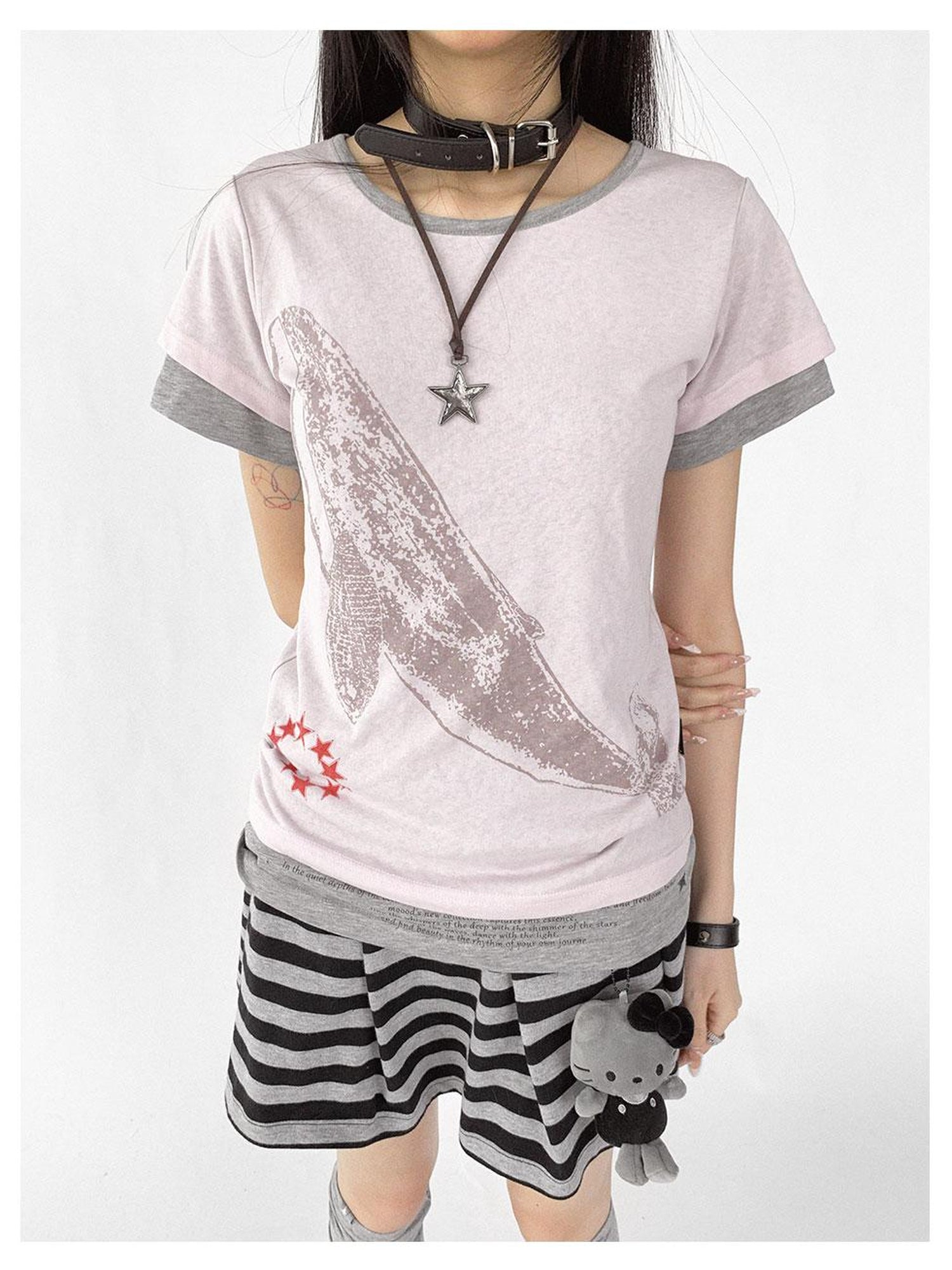 innomoood Silent Whale Embroidered Print Tee Retro Color Block Design