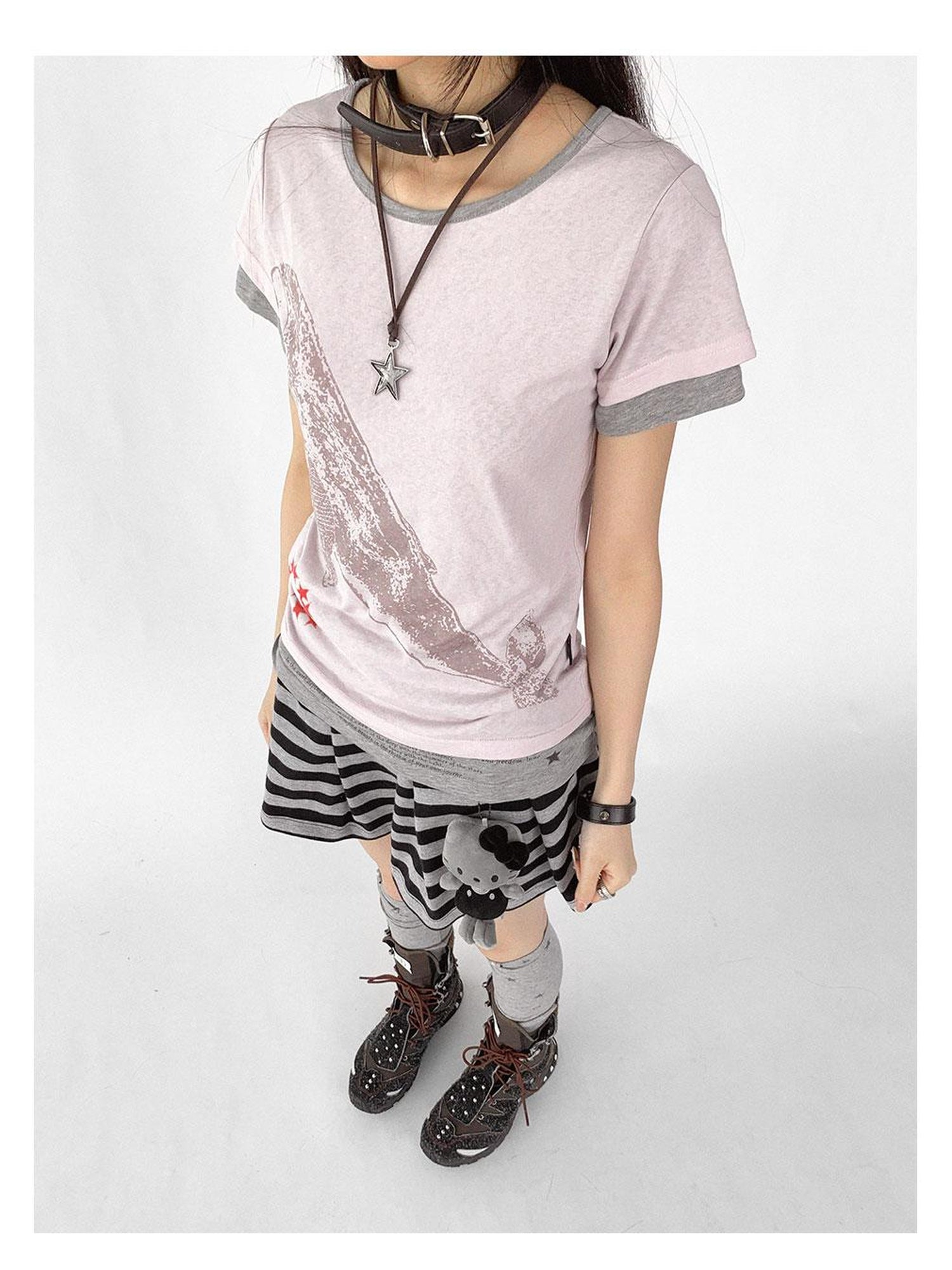 innomoood Silent Whale Embroidered Print Tee Retro Color Block Design