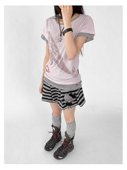innomoood Silent Whale Embroidered Print Tee Retro Color Block Design