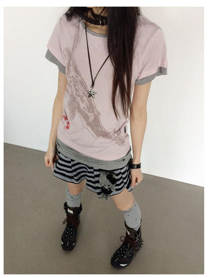 innomoood Silent Whale Embroidered Print Tee Retro Color Block Design