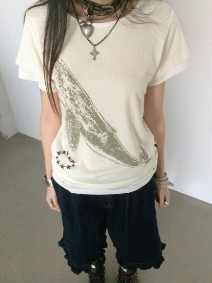 innomoood Silent Whale Embroidered Print Tee Retro Color Block Design