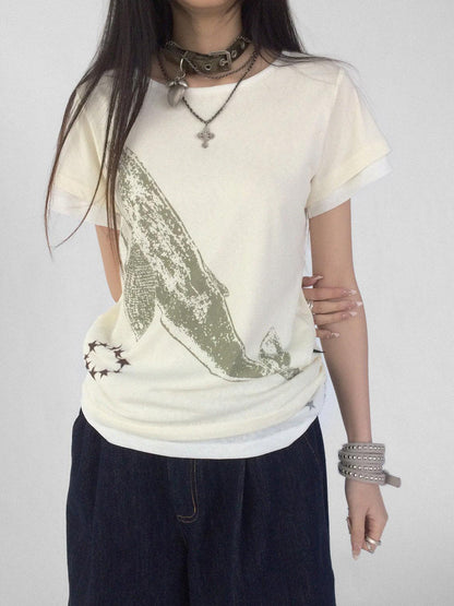 innomoood Silent Whale Embroidered Print Tee Retro Color Block Design