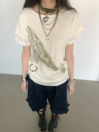 innomoood Silent Whale Embroidered Print Tee Retro Color Block Design