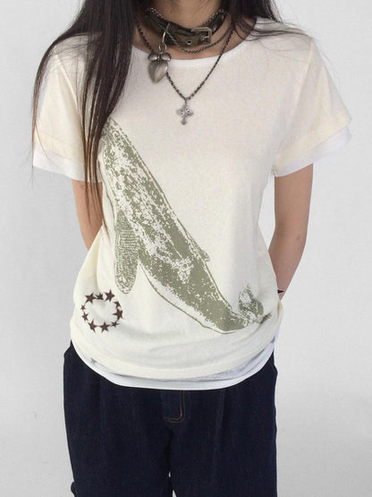 innomoood Silent Whale Embroidered Print Tee Retro Color Block Design