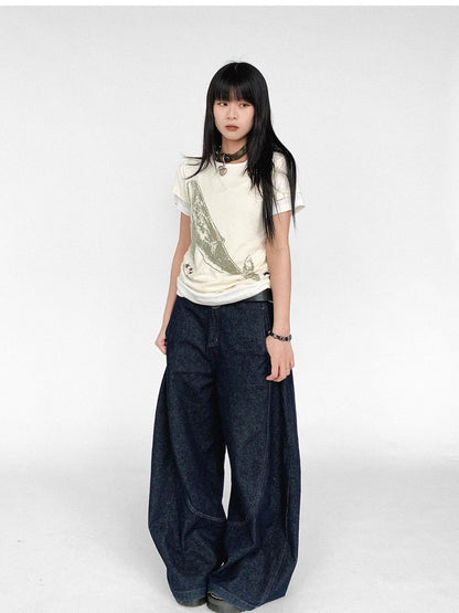 innomoood Silent Whale Embroidered Print Tee Retro Color Block Design
