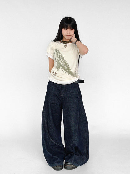 innomoood Silent Whale Embroidered Print Tee Retro Color Block Design