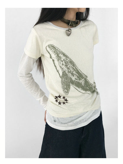 innomoood Silent Whale Embroidered Print Tee Retro Color Block Design