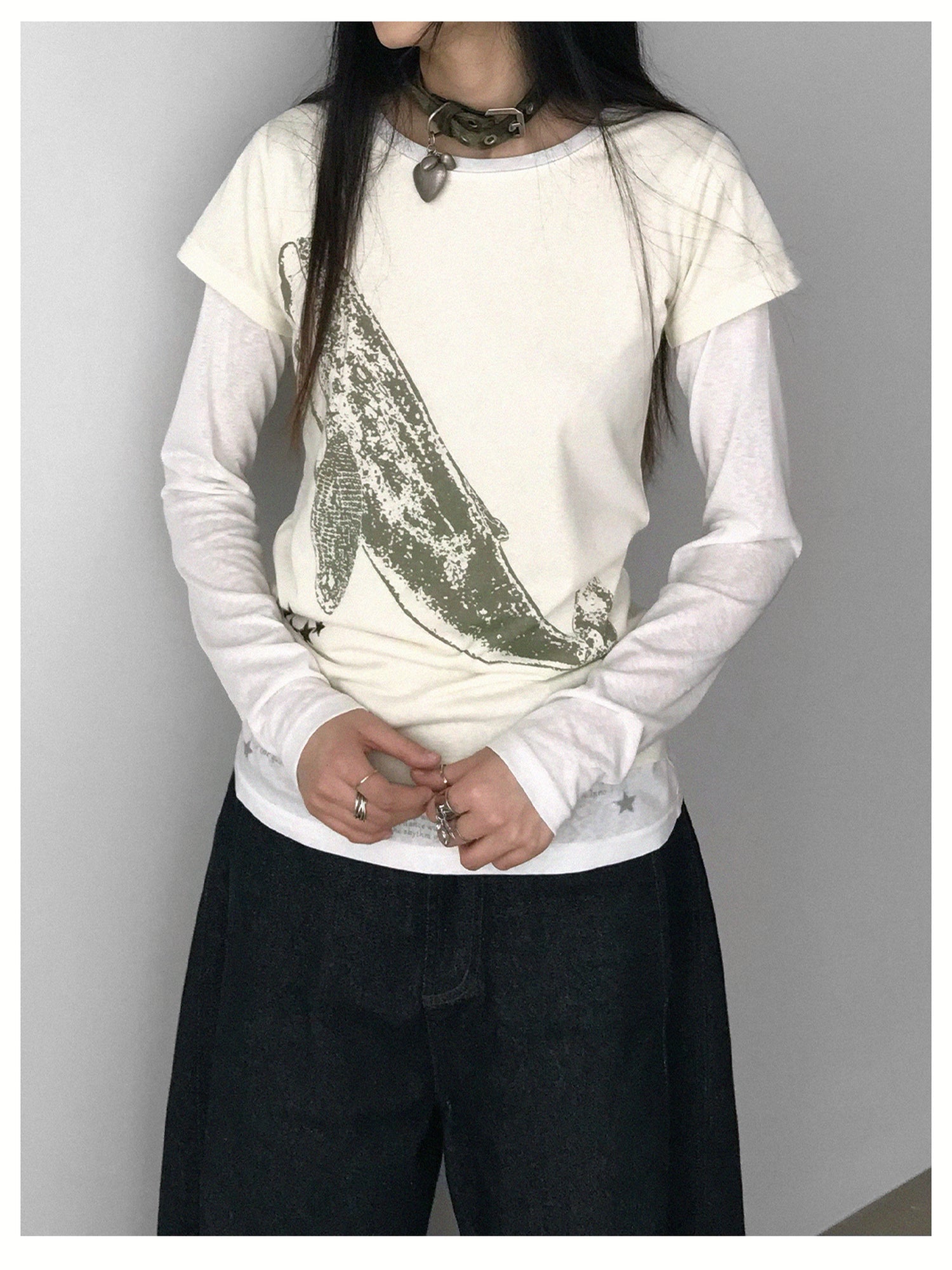 innomoood Silent Whale Embroidered Print Tee Retro Color Block Design