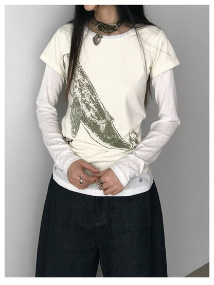 innomoood Silent Whale Embroidered Print Tee Retro Color Block Design