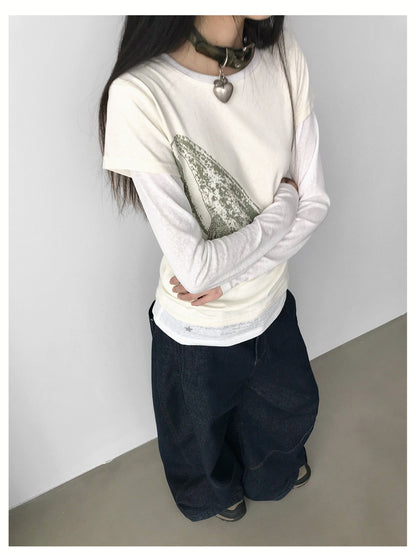 innomoood Silent Whale Embroidered Print Tee Retro Color Block Design