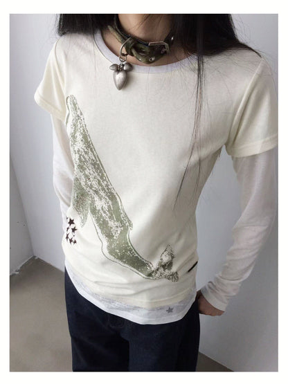 innomoood Silent Whale Embroidered Print Tee Retro Color Block Design