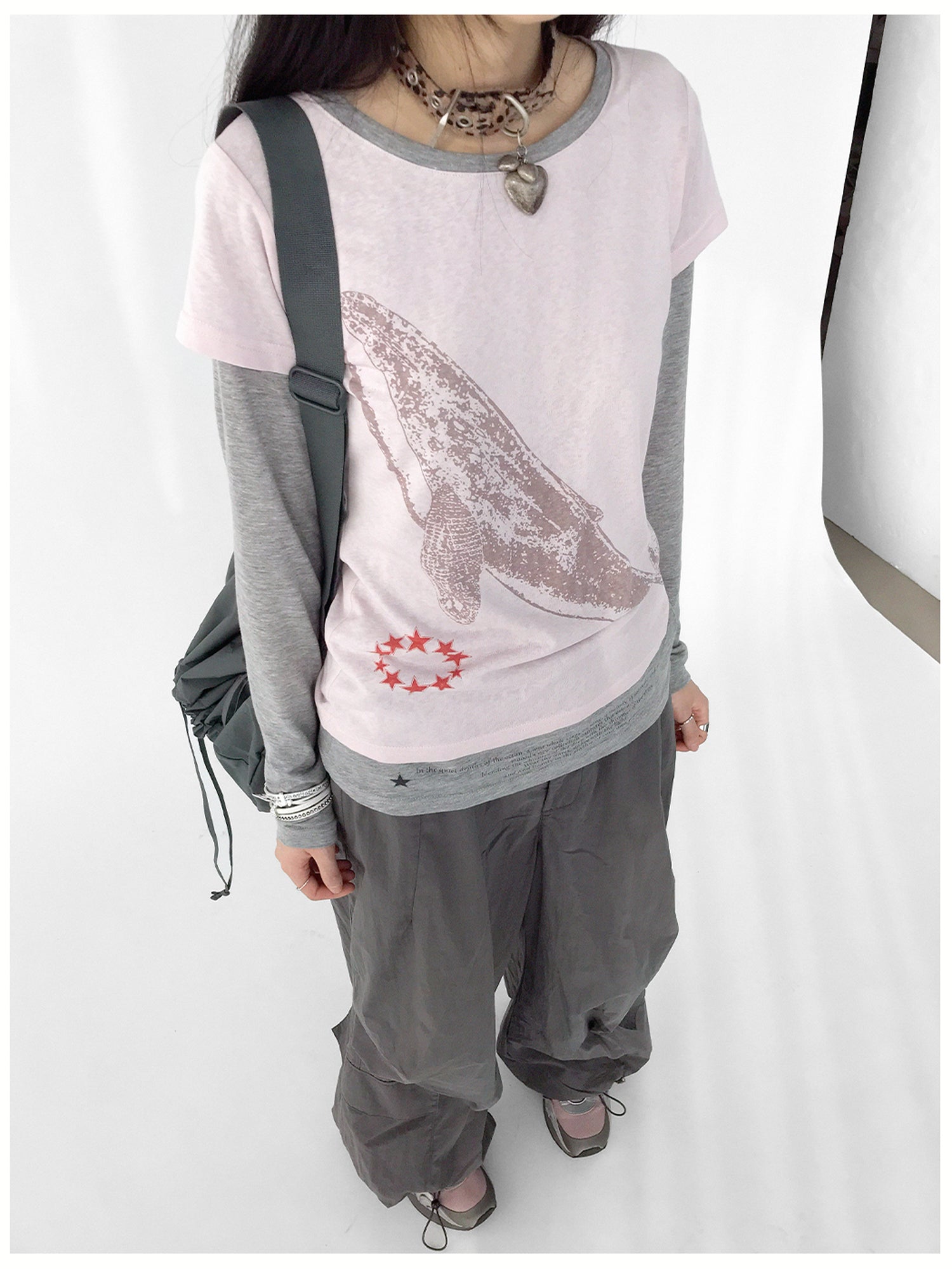 innomoood Silent Whale Embroidered Print Tee Retro Color Block Design