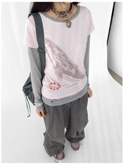 innomoood Silent Whale Embroidered Print Tee Retro Color Block Design