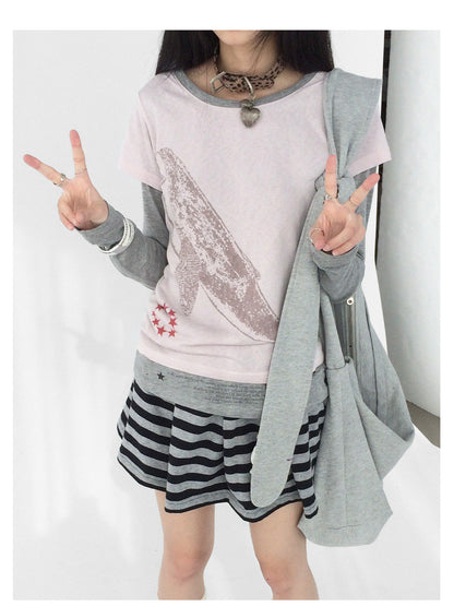 innomoood Silent Whale Embroidered Print Tee Retro Color Block Design