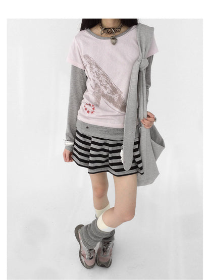 innomoood Silent Whale Embroidered Print Tee Retro Color Block Design