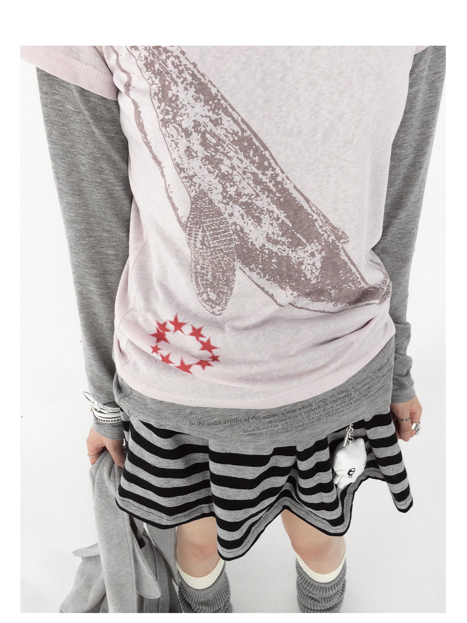 innomoood Silent Whale Embroidered Print Tee Retro Color Block Design