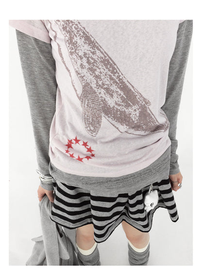 innomoood Silent Whale Embroidered Print Tee Retro Color Block Design