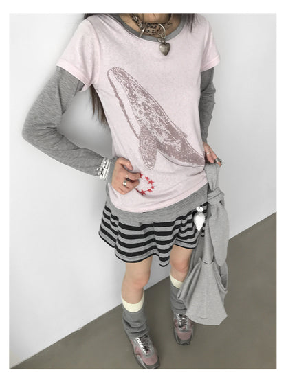 innomoood Silent Whale Embroidered Print Tee Retro Color Block Design