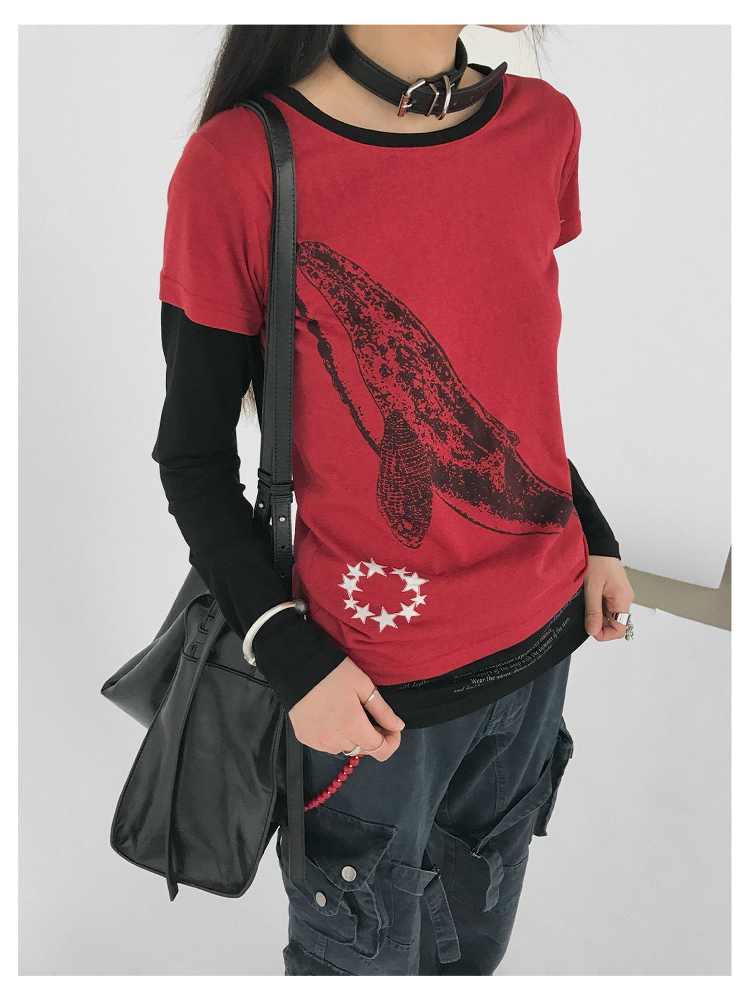 innomoood Silent Whale Embroidered Print Tee Retro Color Block Design