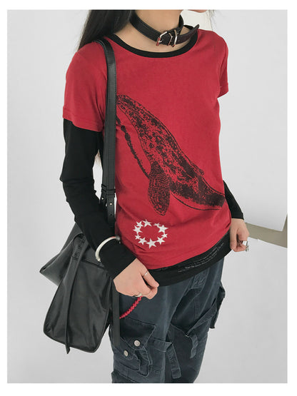 innomoood Silent Whale Embroidered Print Tee Retro Color Block Design