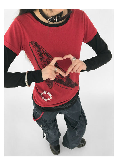 innomoood Silent Whale Embroidered Print Tee Retro Color Block Design