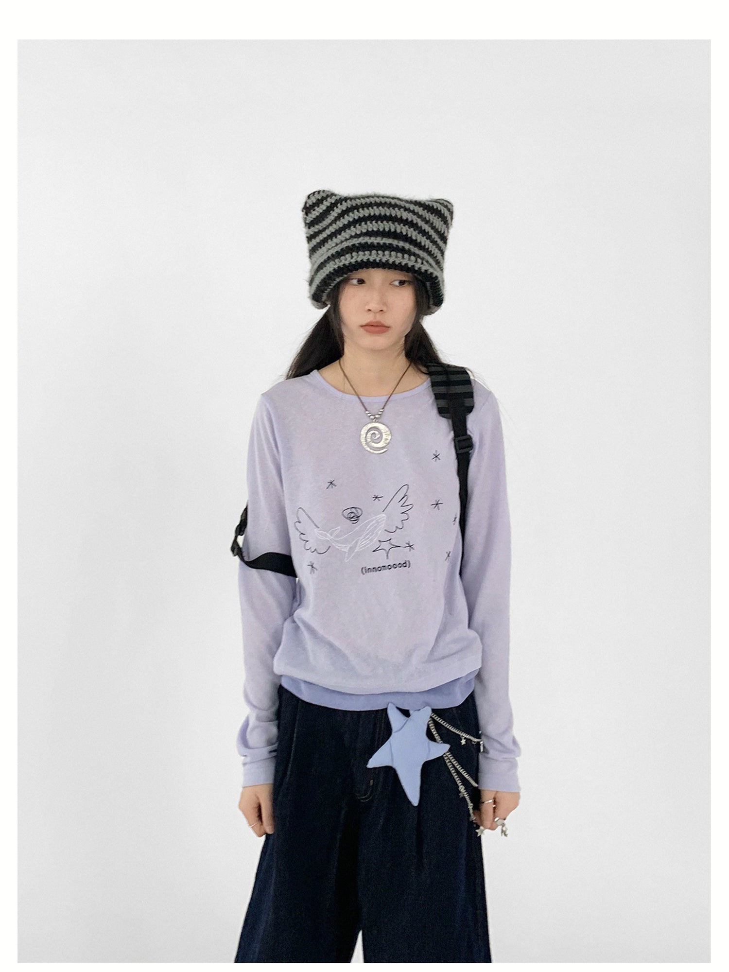 innomoood Silent Whale Wing Embroidery Spliced T-shirt