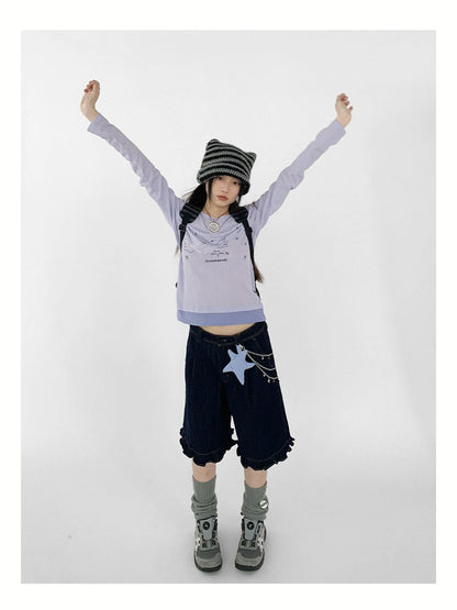 Silent Whale Wing Embroidery Spliced T-shirt