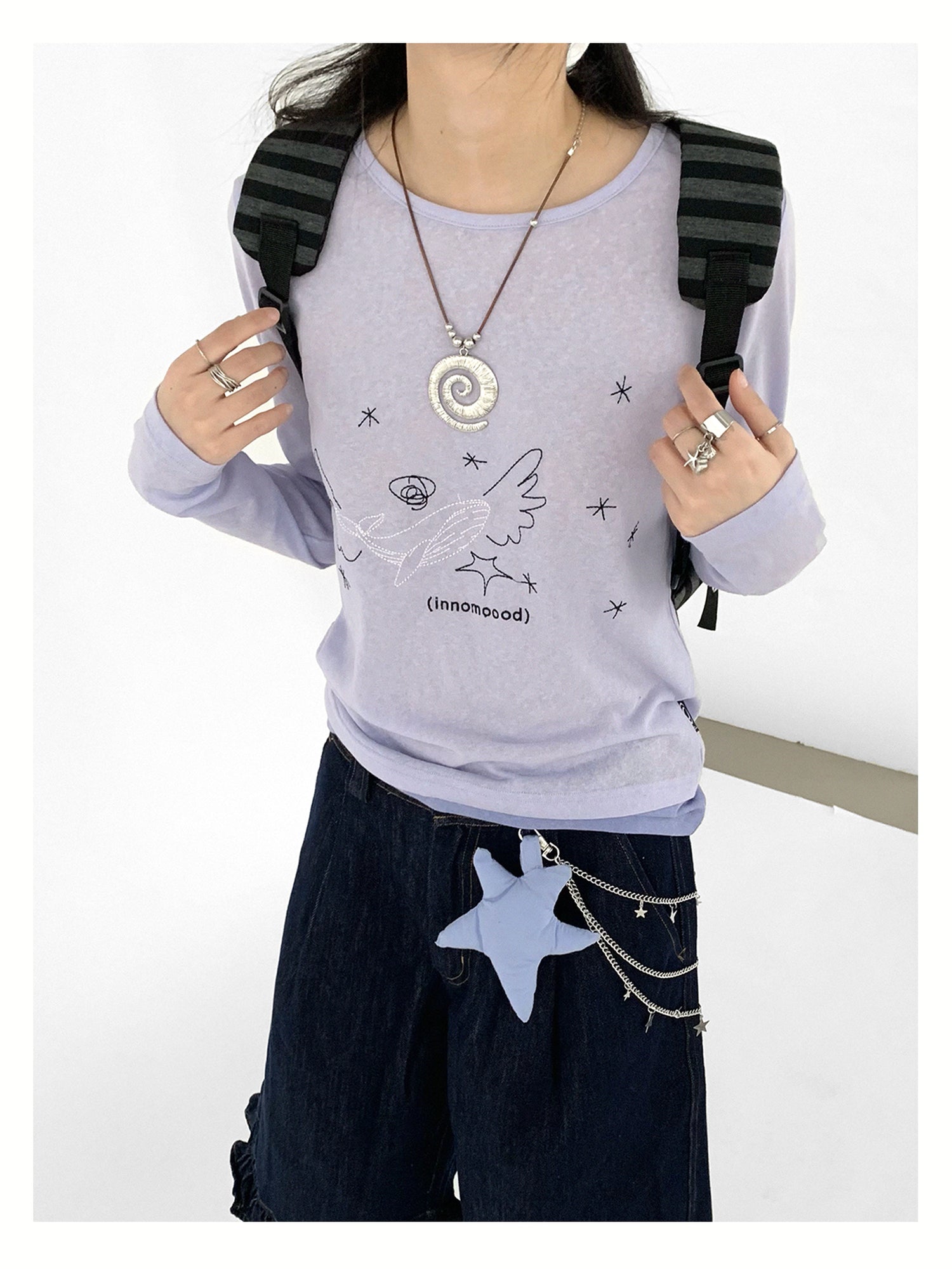 innomoood Silent Whale Wing Embroidery Spliced T-shirt