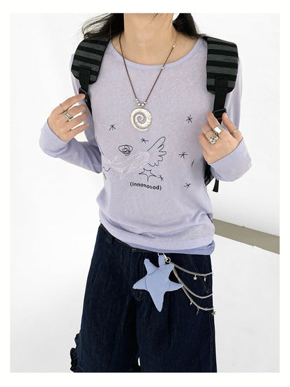 innomoood Silent Whale Wing Embroidery Spliced T-shirt