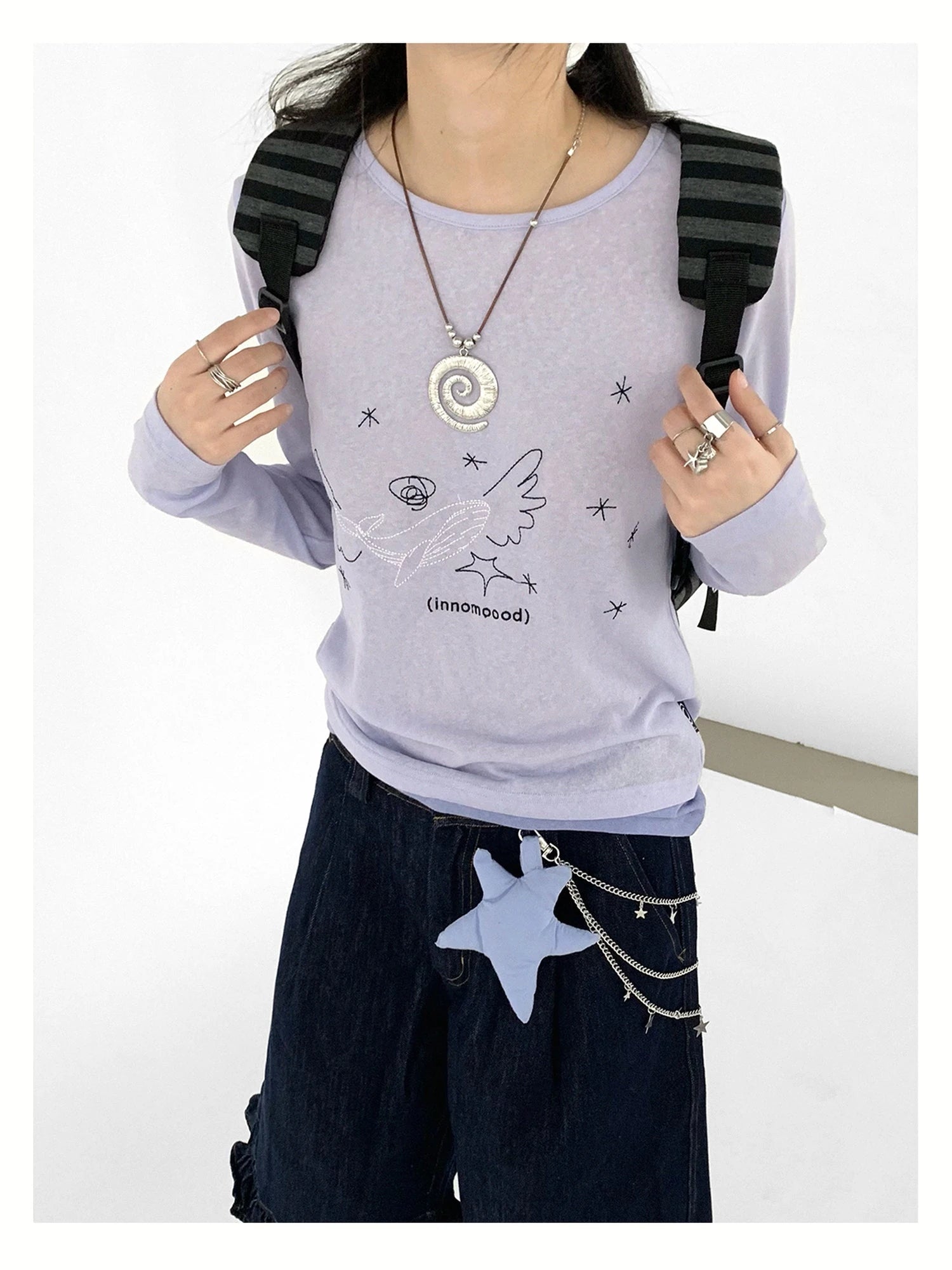 Silent Whale Wing Embroidery Spliced T-shirt