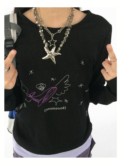 innomoood Silent Whale Wing Embroidery Spliced T-shirt