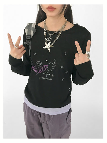 innomoood Silent Whale Wing Embroidery Spliced T-shirt