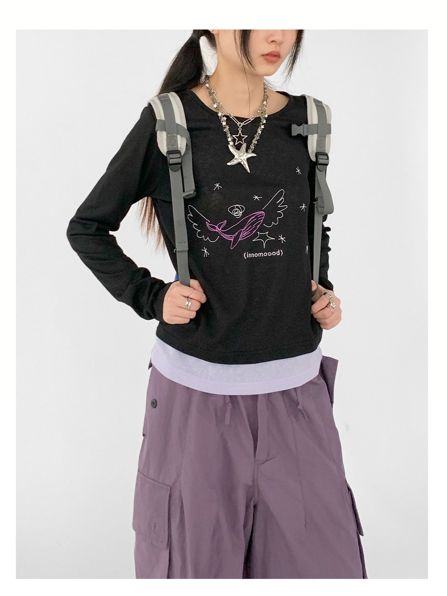 innomoood Silent Whale Wing Embroidery Spliced T-shirt