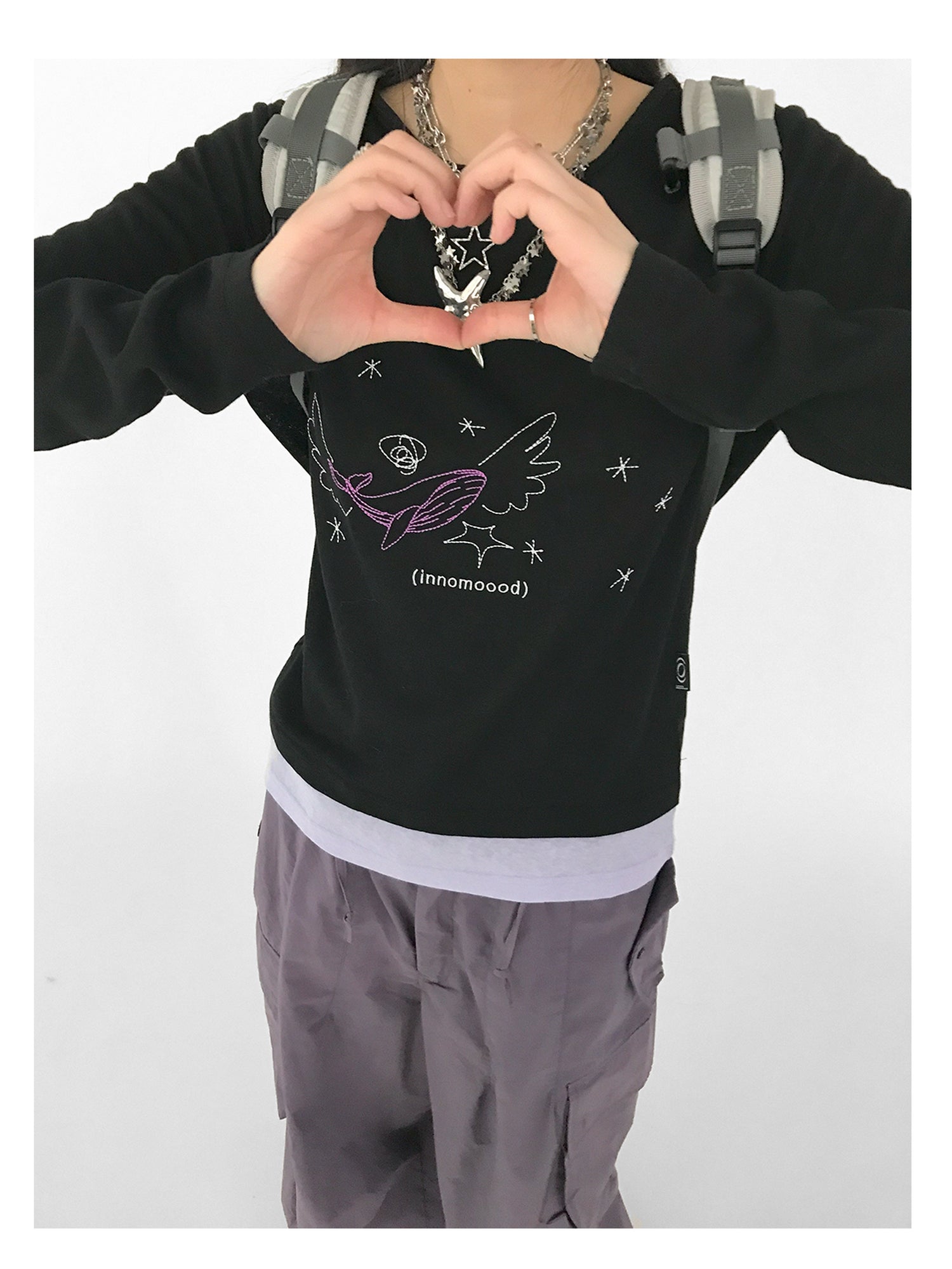innomoood Silent Whale Wing Embroidery Spliced T-shirt