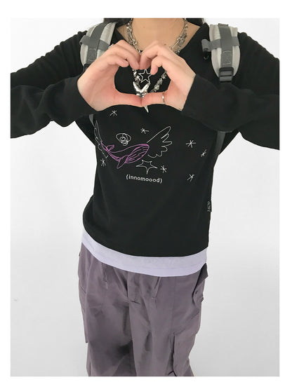 innomoood Silent Whale Wing Embroidery Spliced T-shirt